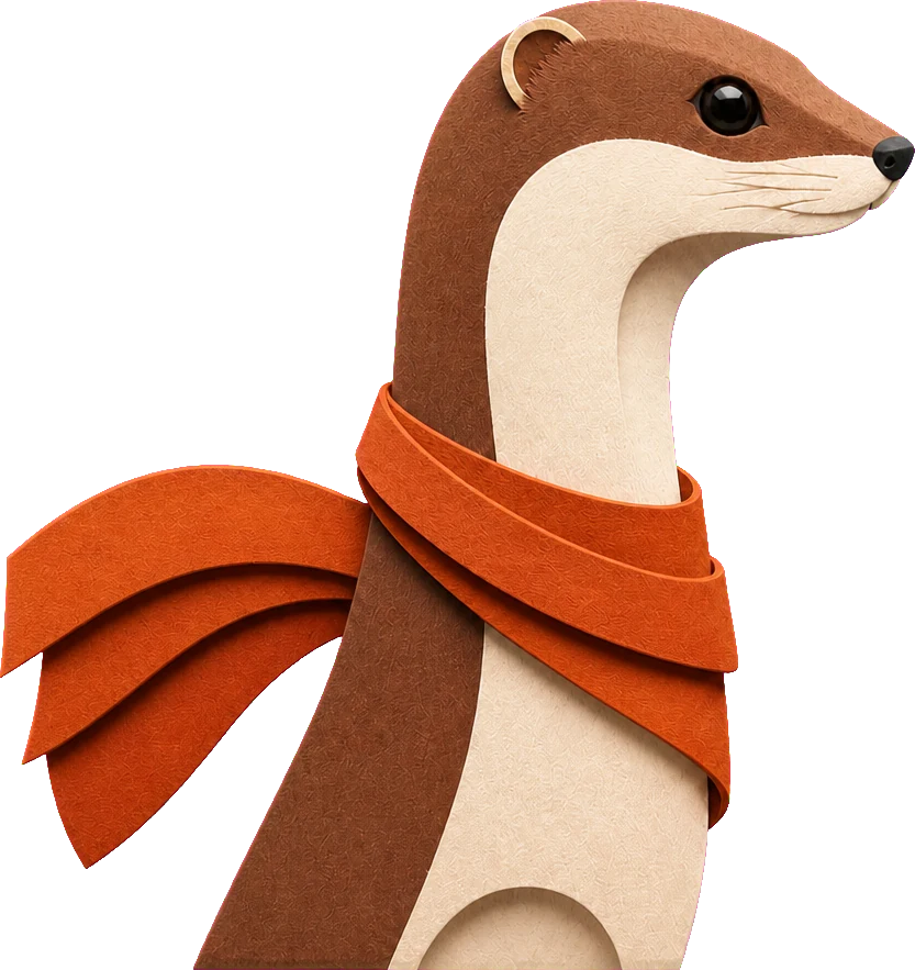 Stoaty, the StoatOS stoat, rendered as layered cut paper in a burnt-orange scarf, looking out across the environment.