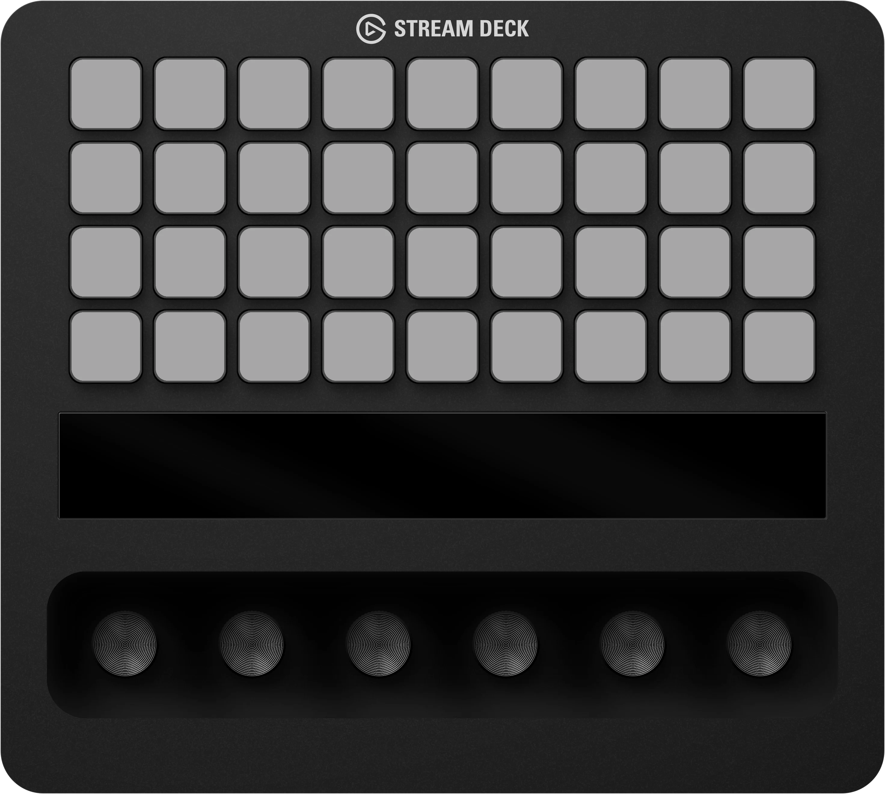 Stream Deck + XL hardware with a dense key grid, touch strip, and six dials